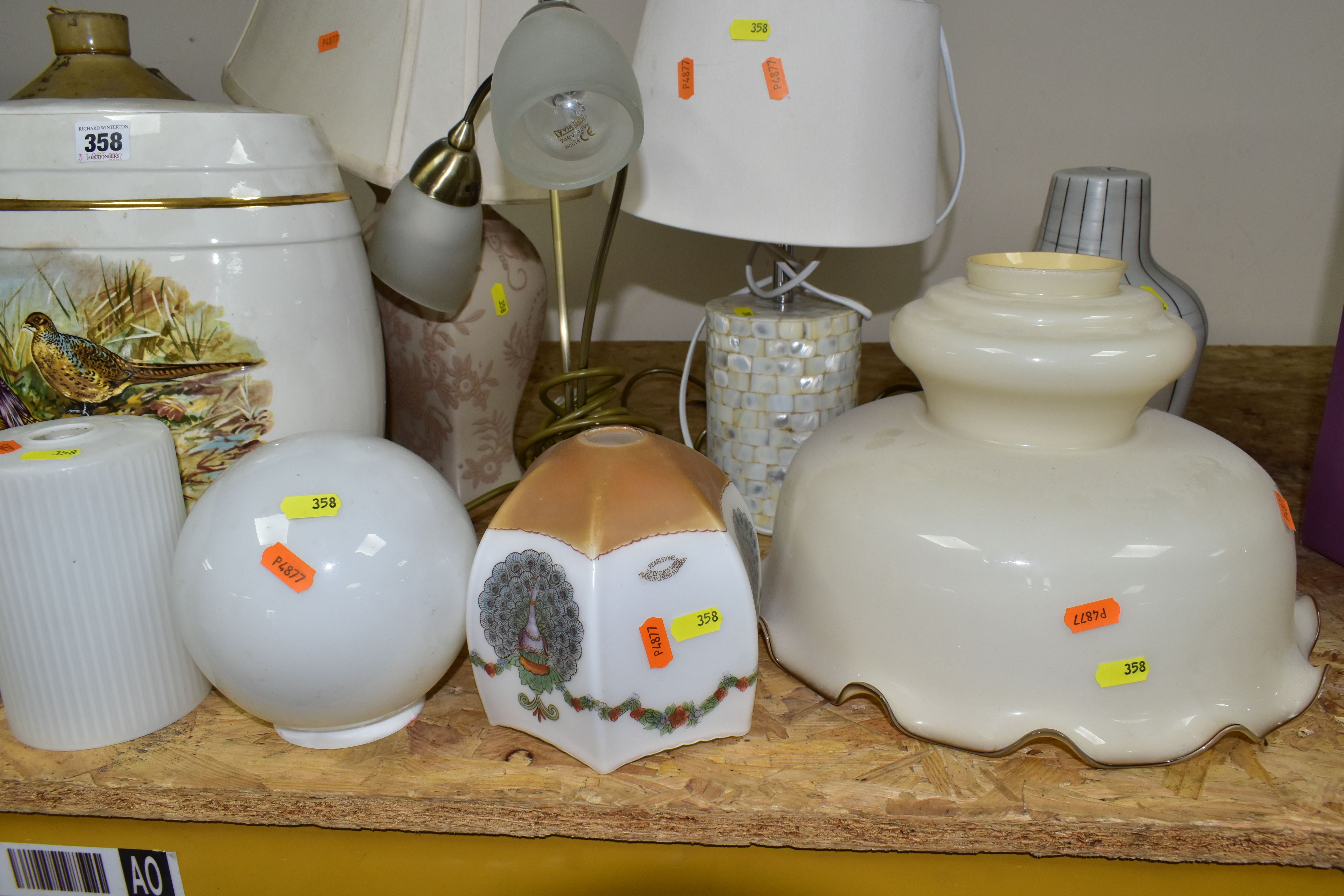A SMALL QUANTITY OF ASSORTED GLASS LIGHT SHADES, TABLE LAMPS, STONEWARE FLAGONS, ETC, including a - Image 2 of 5