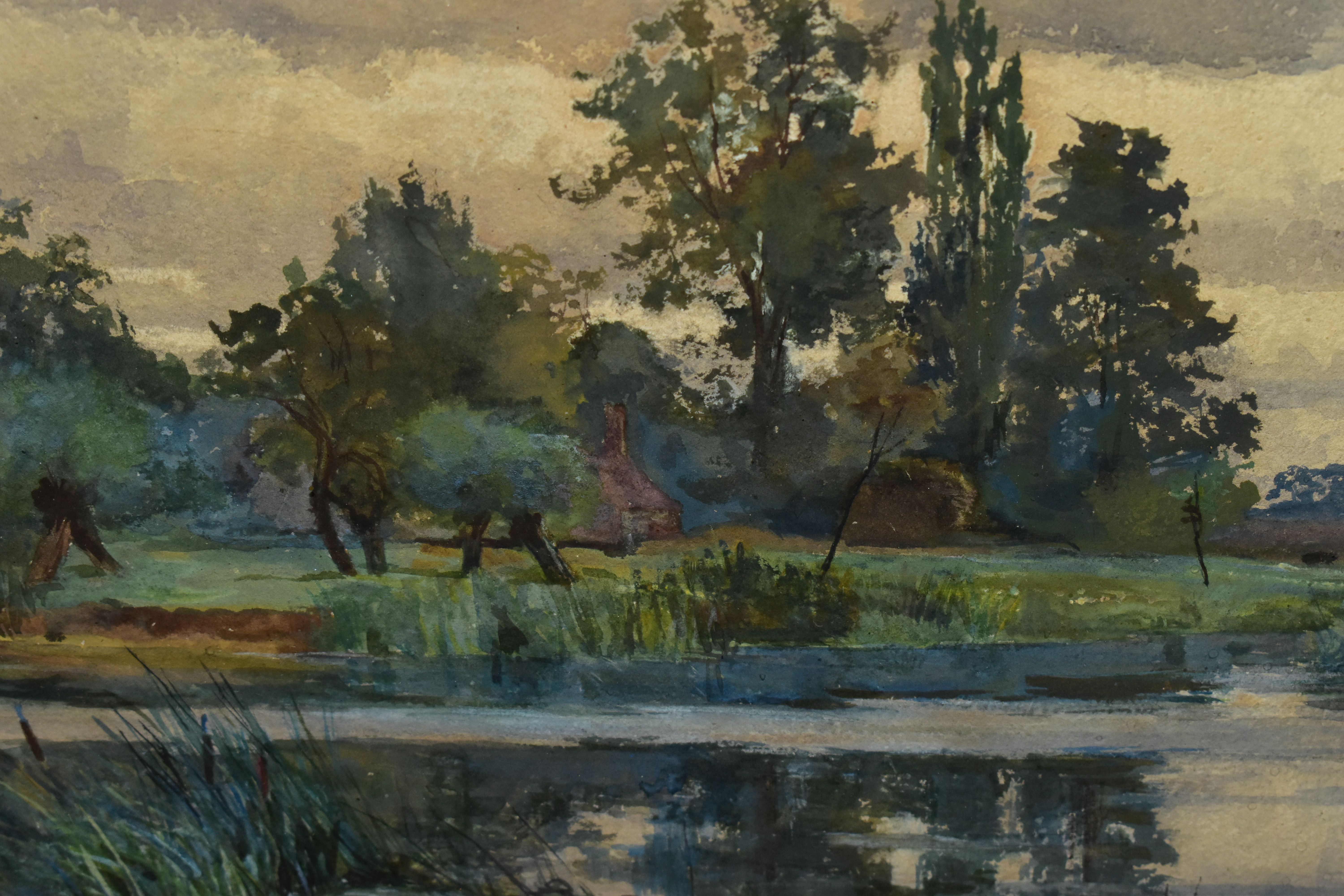 WILLIAM LANGLEY (LATE 19TH / EARLY 20TH CENTURY), A RIVER LANDSCAPE WITH CHURCH AND COTTAGES BEYOND, - Image 3 of 7