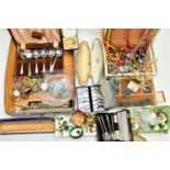 A BOX OF ASSORTED ITEMS, to include a cream jewellery box with contents such as a white metal