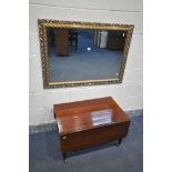 A GILT FRAMED BEVELLED EDGE WALL MIRROR, 105cm x 75cm, and a Victorian drop leaf coffee table with a