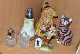 SIX CERAMIC AND GLASS ITEMS INCLUDING A ROYAL CROWN DERBY CAT PAPERWEIGHT, gold button, height 13cm,