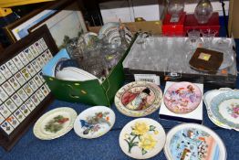 TWO BOXES AND LOOSE GLASSWARE, CERAMICS, PRINTS, BOXED COLLECTOR'S DOLL, CIGARETTE CARDS, ETC,