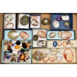 A BOX OF LOOSE CAMEOS, to include an oval high relief lava cameo, depicting a lady in profile,