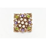 A 9CT GOLD PERIDOT, AMETHYST AND SPLIT PEARL BROOCH, of openwork floral design, the center set
