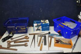 TWO TUBS OF TOOLS to include hammers, files, calipers, chisels, vintage spanners, Stanley No78