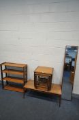 A MID CENTURY TEAK OPEN BOOKCASE, along with a G plan nest of three tables, a coffee table (water