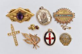 FIVE BROOCHES AND THREE PENDANTS, to include a gold plated diamond shape brooch set with an oval cut