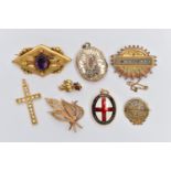 FIVE BROOCHES AND THREE PENDANTS, to include a gold plated diamond shape brooch set with an oval cut