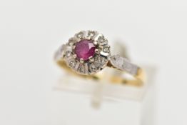 A MID 20TH CENTURY 18CT GOLD RUBY AND DIAMOND CLUSTER RING, set with a circular cut ruby,