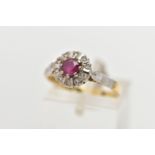 A MID 20TH CENTURY 18CT GOLD RUBY AND DIAMOND CLUSTER RING, set with a circular cut ruby,