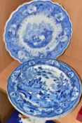 FIVE NINETEENTH CENTURY BLUE AND WHITE PLATES, comprising a Chetham & Robinson, Longton 'Terni'