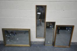 A MODERN GILT FRAMED WALL MIRROR, etched with a swan, along with three other mirrors (4)