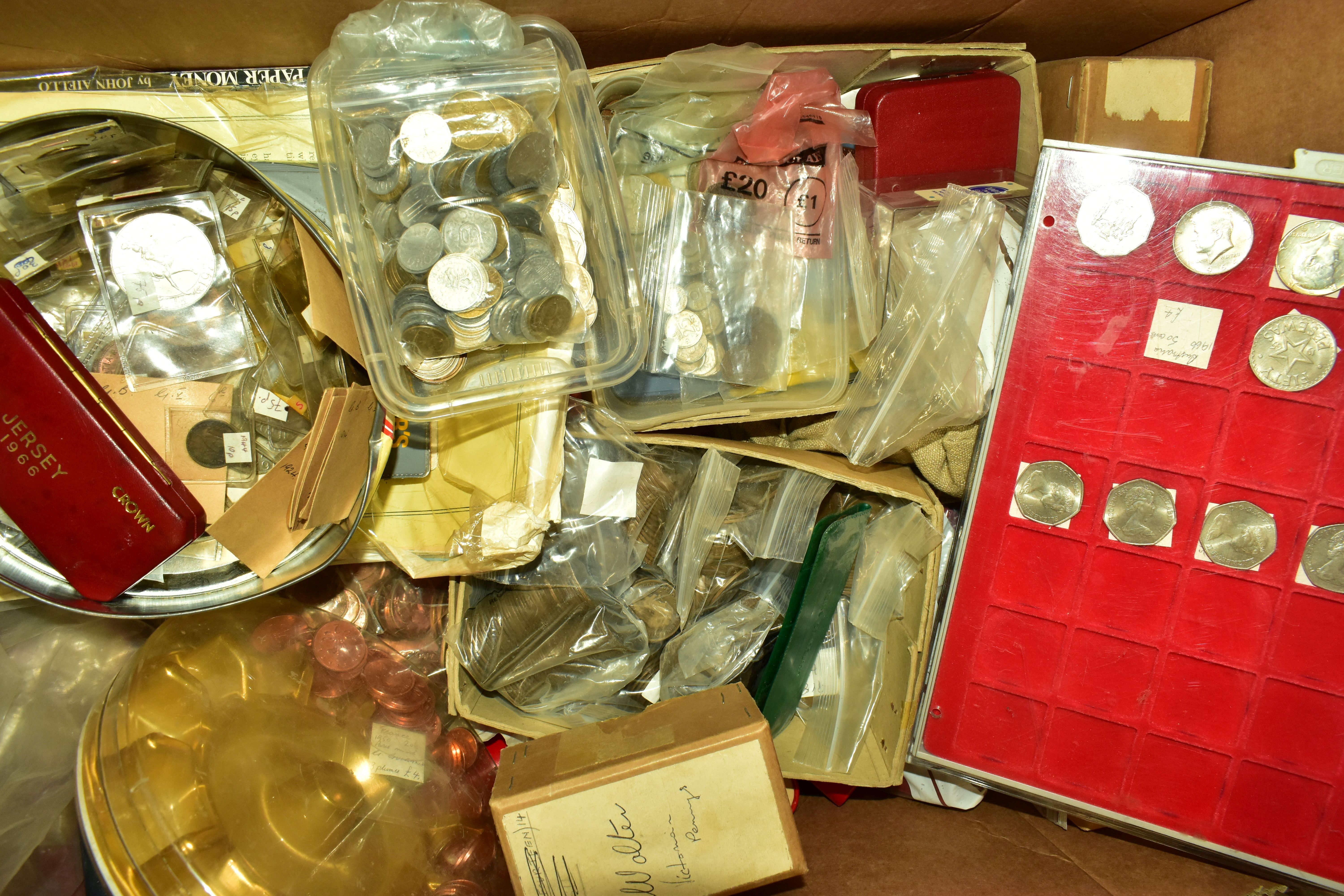 A LARGE CARDBOARD BOX OF COINS FROM DIFFERENT COUNTRIES, to include lots of tubed coins, Pennies - Image 4 of 4