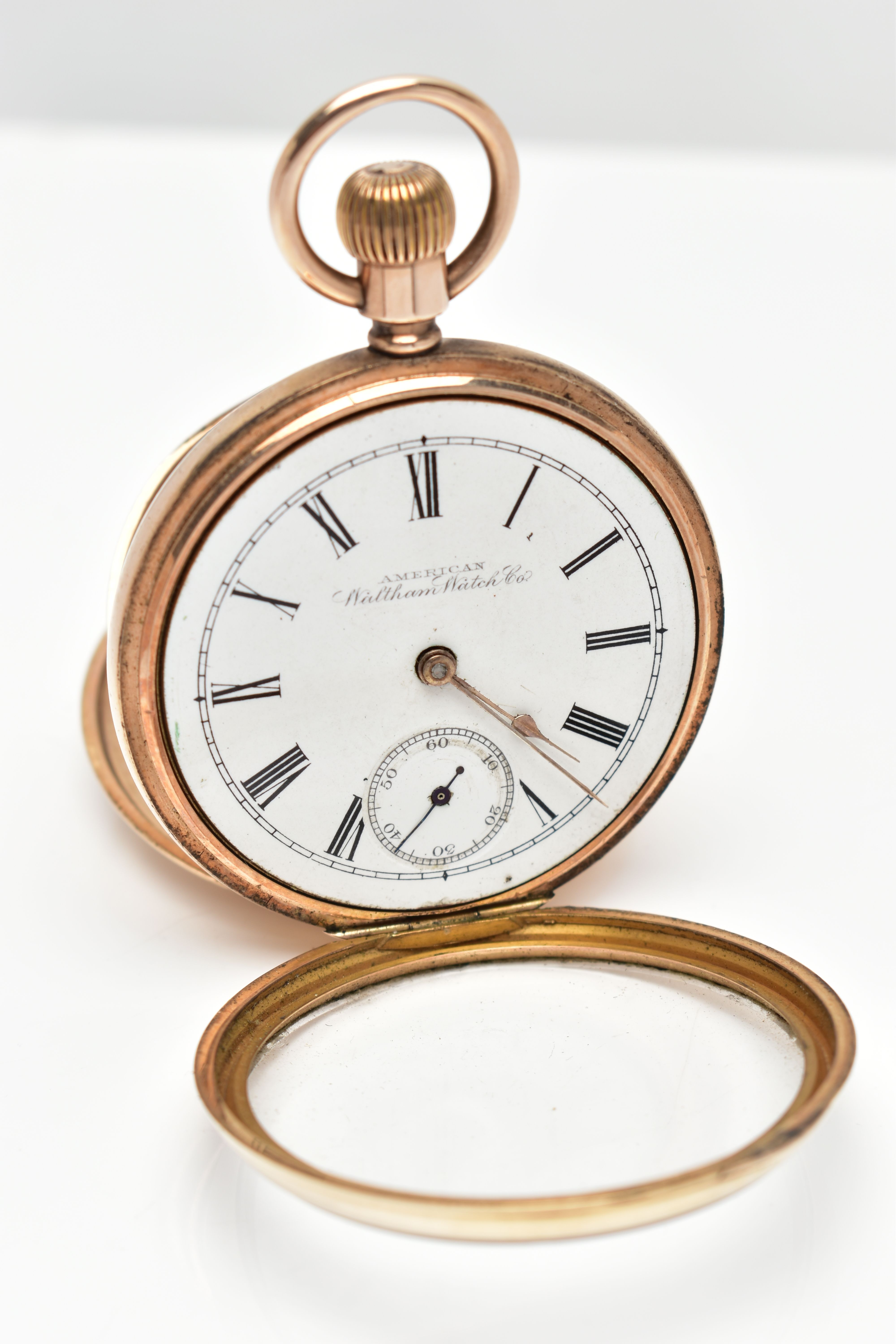 A GOLD PLATED 'WALTHAM' OPEN FACE POCKET WATCH, manual wind, round white dial signed 'American - Image 6 of 6
