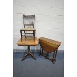 A PARQUETRY AND MARQUETRY INLAID VICTORIAN PEDESTAL OCCASSIONAL TABLE, with geometric, foliate and