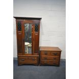 A 20TH CENTURY OAK MIRRORED SINGLE DOOR CUPBOARD, with a single drawer, width 102cm x depth 50cm x