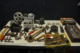 A SELECTION OF LATHE PARTS to include lathe parts, aluminum pulleys, marking tools, three jaw