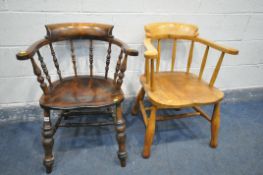 TWO STAINED WOOD CAPTAINS CHAIRS