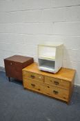 AN ANNA CASTELLI WHITE PERPSEX TWO TIER STAND, a low pine chest of three drawers, a bespoke teak