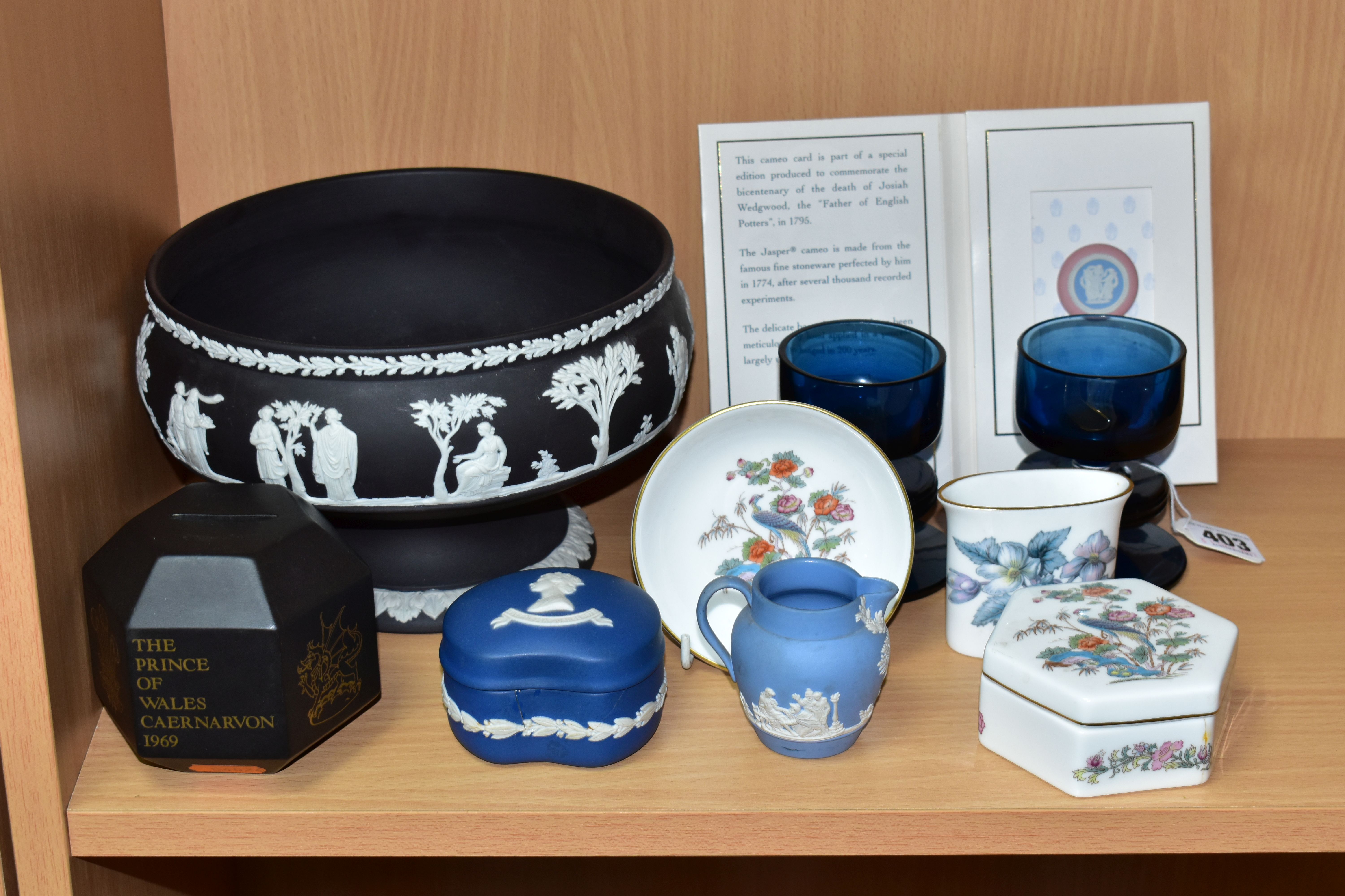 A GROUP OF WEDGWOOD CERAMICS AND GLASS WARES, comprising a pair of blue Sheringham candle holders