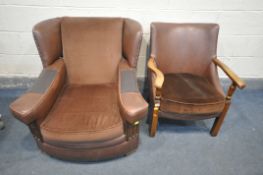 A MID TO LATE 20TH CENTURY BROWN LEATHERETTE WING BACK ARMCHAIR, width 84cm x depth 100cm x depth