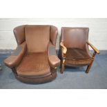 A MID TO LATE 20TH CENTURY BROWN LEATHERETTE WING BACK ARMCHAIR, width 84cm x depth 100cm x depth