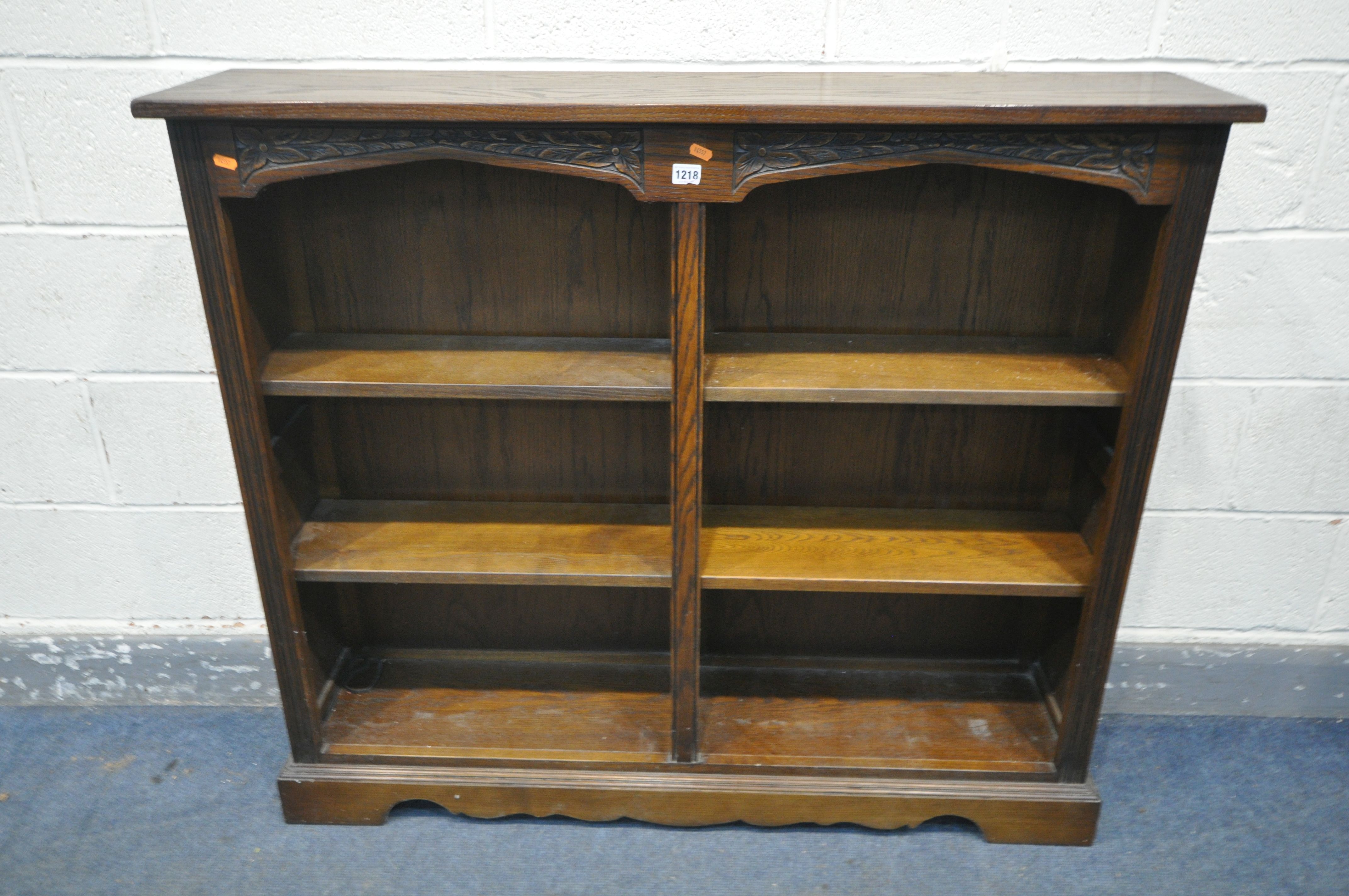 AN OLD CHARM OAK TWIN SIDED OPEN BOOKCASE, width 122cm x depth 28cm x height 106cm, and an Old Charm - Image 3 of 3