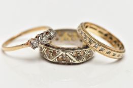 A SELECTION OF THREE YELLOW AND WHITE METAL RINGS, to include a 9ct gold diamond three stone ring,