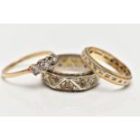 A SELECTION OF THREE YELLOW AND WHITE METAL RINGS, to include a 9ct gold diamond three stone ring,
