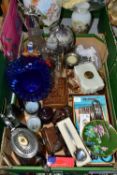 A BOX OF ASSORTED SUNDRY ITEMS ETC, to include four wooden Black Forest bears, tallest approximately