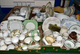 FIVE BOXES OF ASSORTED TEA WARES, to include Wedgwood 'Peter Rabbit' mugs, Maddock' Merryleaves'