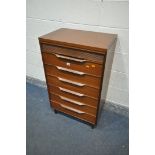 A MID CENTURY WHITE AND NEWTON TEAK CHEST OF SEVEN DRAWERS, width 61cm x depth 41cm x height