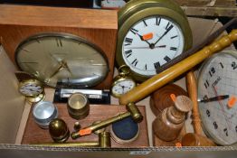 SUNDRIES, one box containing a three modern wall clocks, brass and wooden gavels, metal paper-