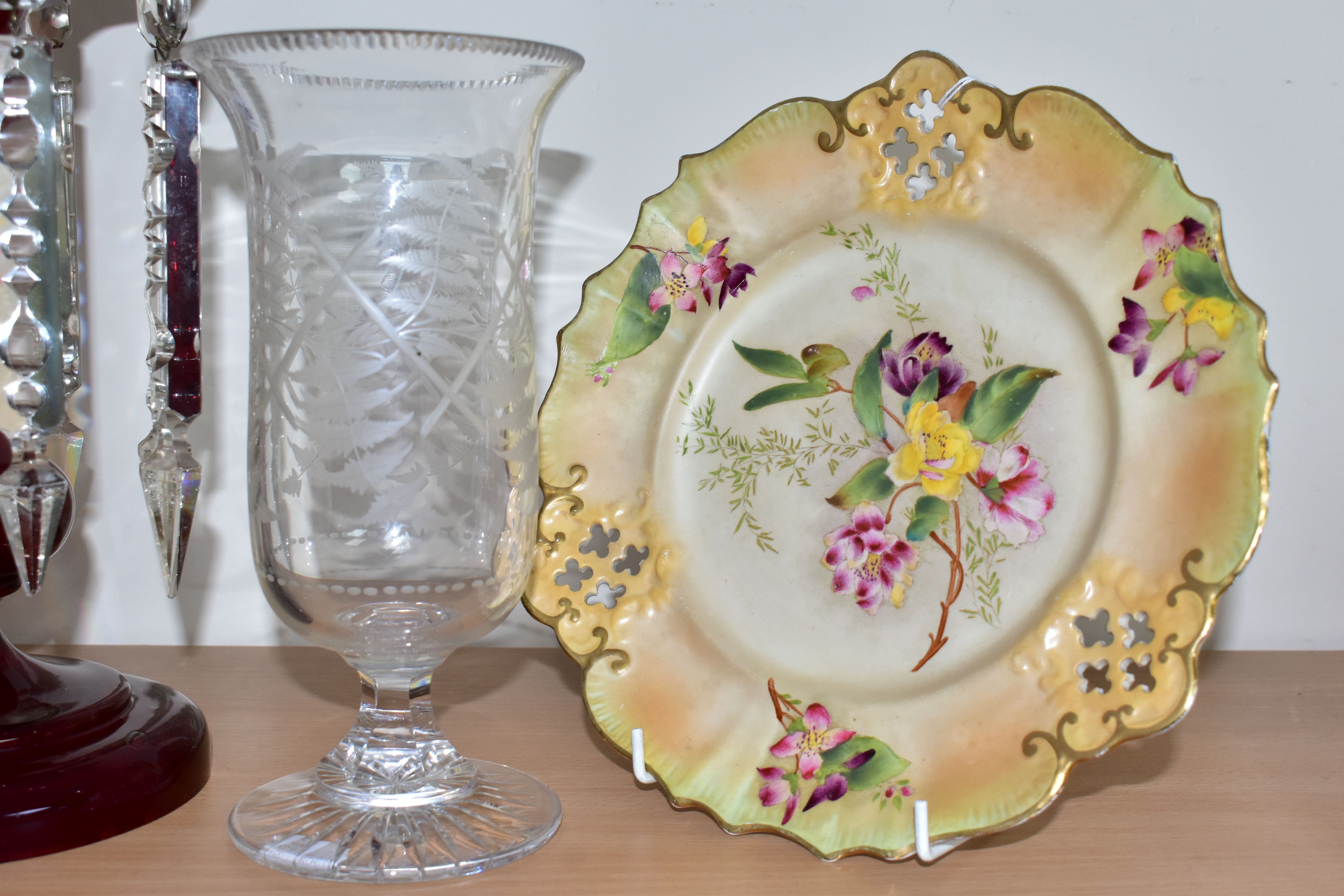 THREE LATE 19TH / 20TH CENTURY GLASS LUSTRES, A LATE VICTORIAN CELERY VASE AND A CARLTONWARE - Image 2 of 6