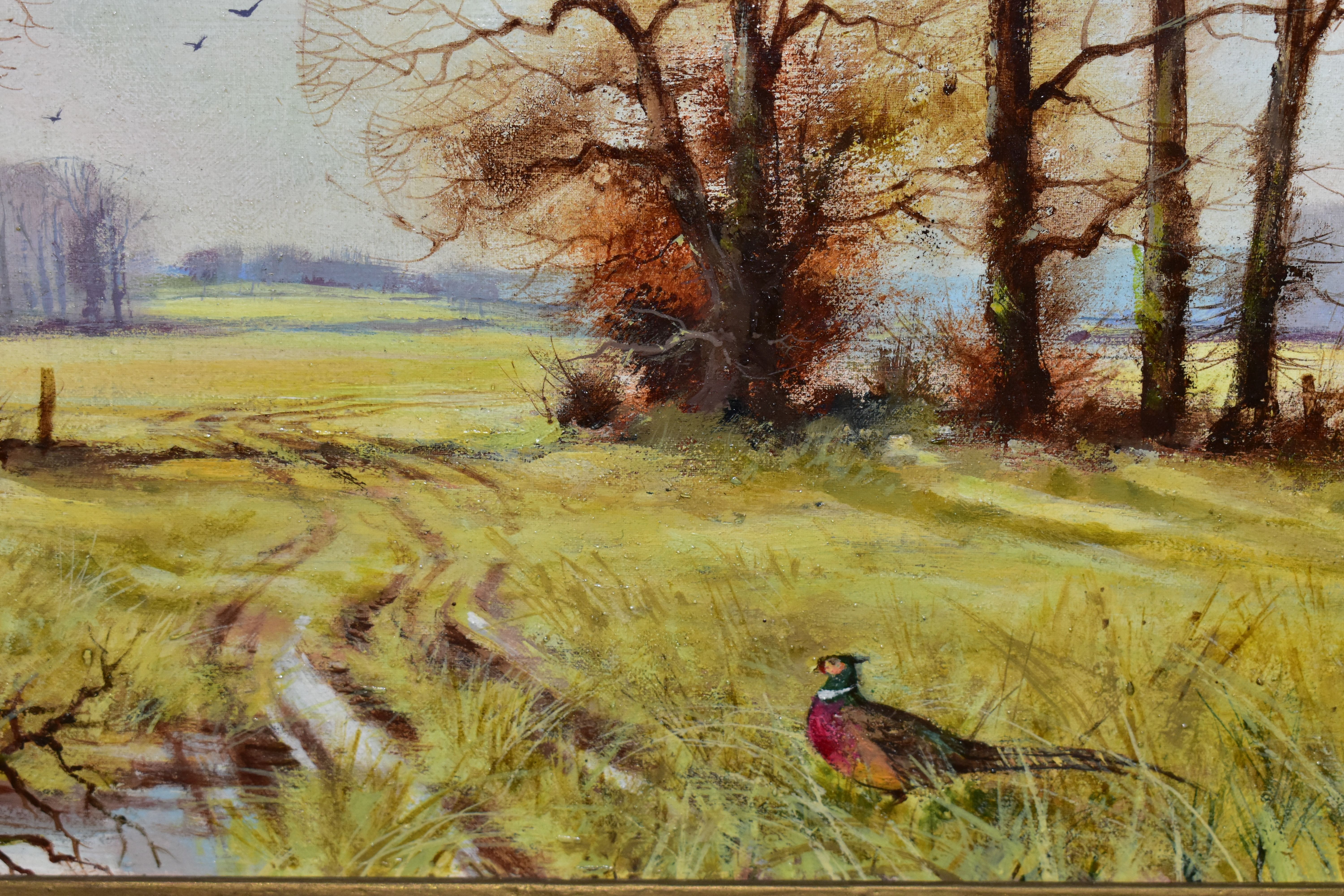 LEWIS HOWE BENNETT (BRITISH 1936) 'LANDSCAPE WITH PHEASANT', a muddy track leads through an autumnal - Image 3 of 4
