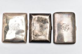 THREE SILVER CIGARETTE CASES, the first of a curved rectangular form, plain polished design with