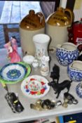A SMALL GROUP OF CERAMICS AND METAL WARES ETC, to include two salt glazed flagons printed mark 'Good