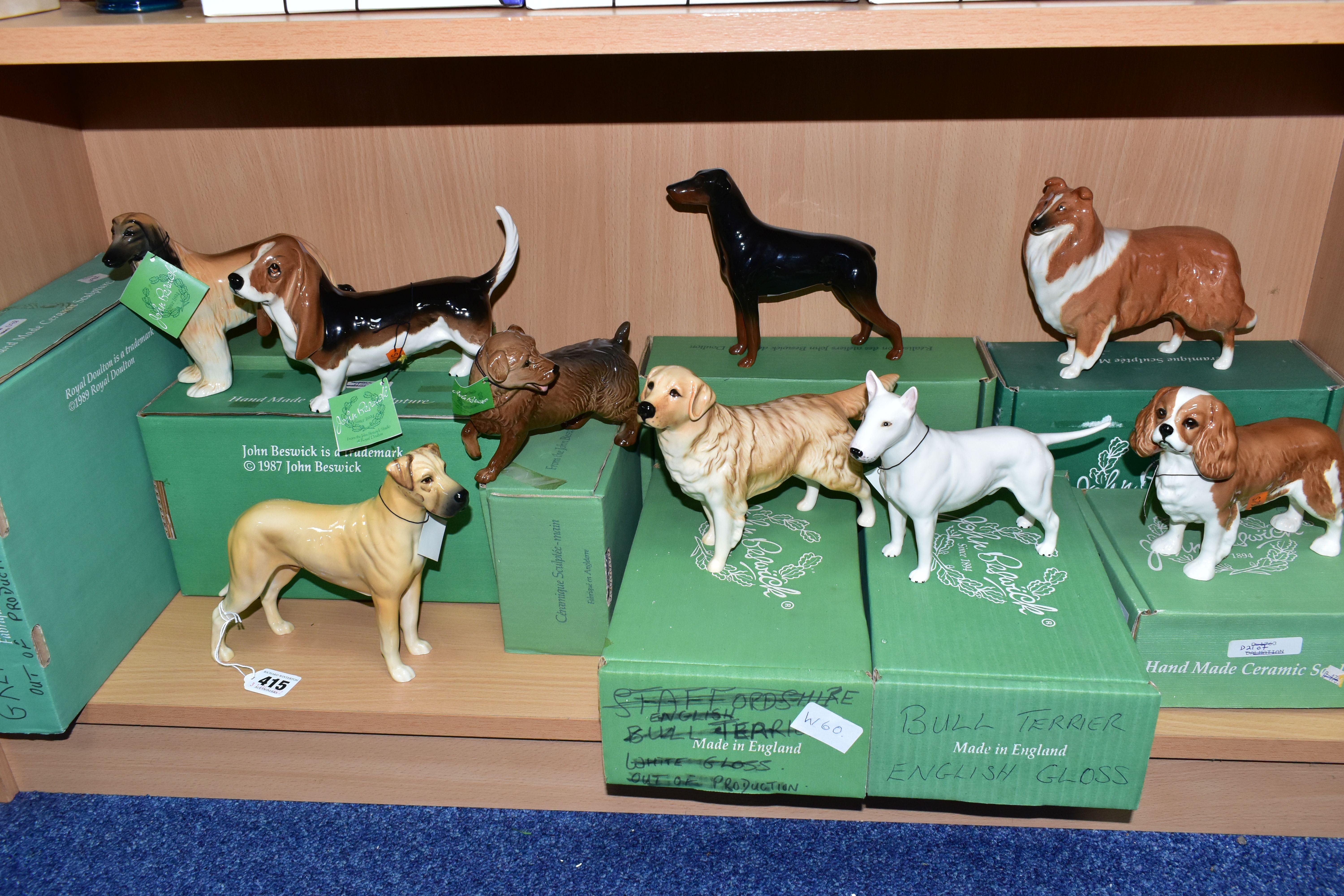 NINE BOXED BESWICK DOG FIGURES, comprising a white gloss Bull Terrier 'Romany Rhinestone' - Large