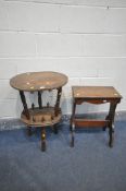 A VINTAGE OAK SIDE TABLE, on spindles supports, along with a trestle stool (2)