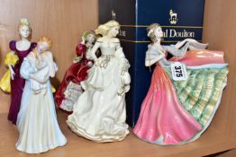 FOUR ROYAL DOULTON FIGURES AND ANOTHER FIGURE, comprising a boxed 'Ann' HN3259, (initials and