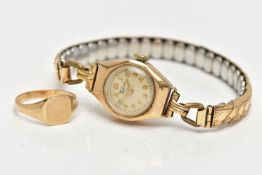 A 9CT GOLD WATCH HEAD AND YELLOW METAL SIGNET RING, hand wound movement, champagne colour dial