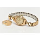 A 9CT GOLD WATCH HEAD AND YELLOW METAL SIGNET RING, hand wound movement, champagne colour dial