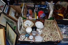 SIX BOXES OF CERAMICS, GLASS, BOOKS, PICTURES, VINTAGE BUTTONS AND SUNDRY ITEMS, to include six