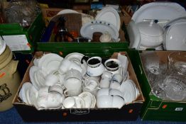 SIX BOXES OF CERAMICS AND GLASS ETC, to include five Portmeirion Totem twin handled soup bowls,
