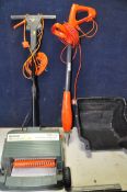 A BLACK AND DECKER GD200 ELECTRIC LAWNRAKE with grass box, along with a Flymo BMT270 with mixing