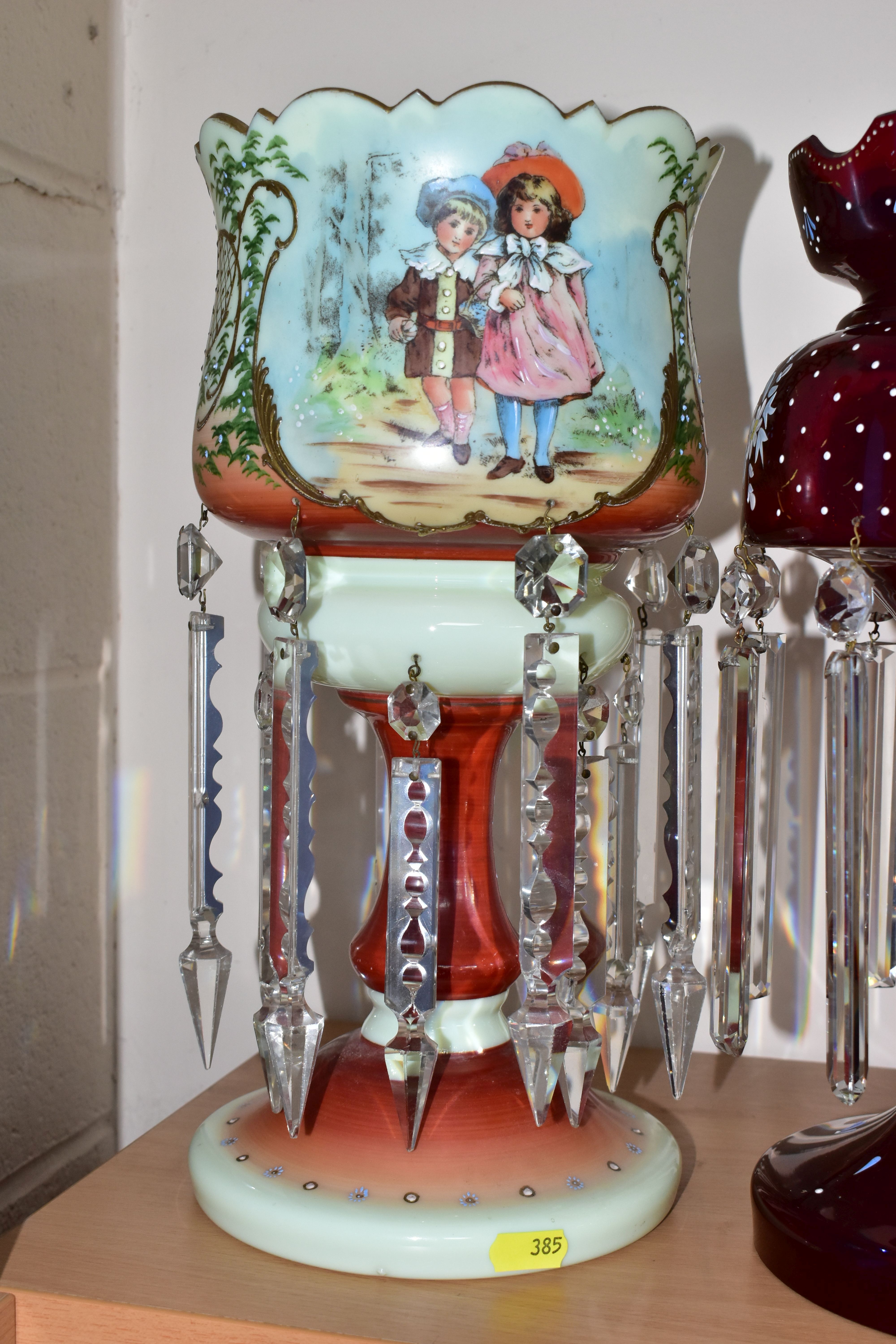 THREE LATE 19TH / 20TH CENTURY GLASS LUSTRES, A LATE VICTORIAN CELERY VASE AND A CARLTONWARE - Image 6 of 6