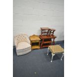 A CREAM LEATHER HIGH STOOL, along with an oatmeal bedroom chair, a Cherrywood side table, two