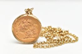 A MOUNTED FULL SOVEREIGN PENDANT AND CHAIN, obverse depicting George V, reverse George and the