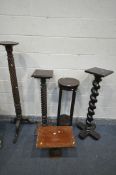 FOUR MAHOGANY TORCHERE STANDS, etc. (5)