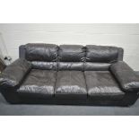 A BROWN LEATHER TWO PIECE LOUNGE SUITE, comprising a three seater electric recliner, and another